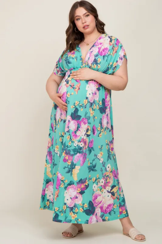 Aqua Floral Deep V-Neck Maternity Plus Maxi Dress sold by Pinkblush