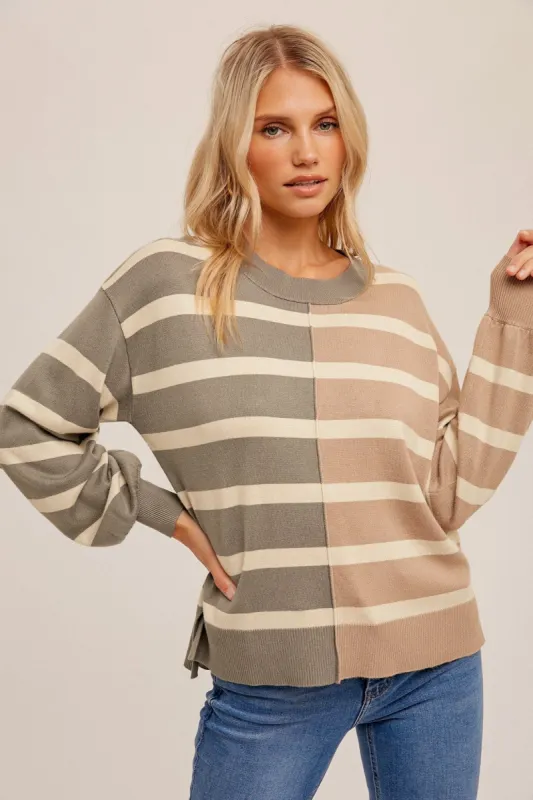 Taupe Striped Colorblock Knit Top sold by Pinkblush
