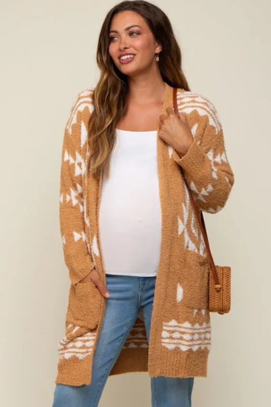 Gold Print Fuzzy Maternity Cardigan sold by Pinkblush