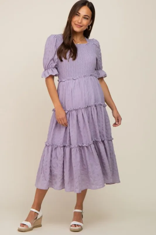 Lavender Smocked Puff Sleeve Tiered Maternity Midi Dress sold by Pinkblush