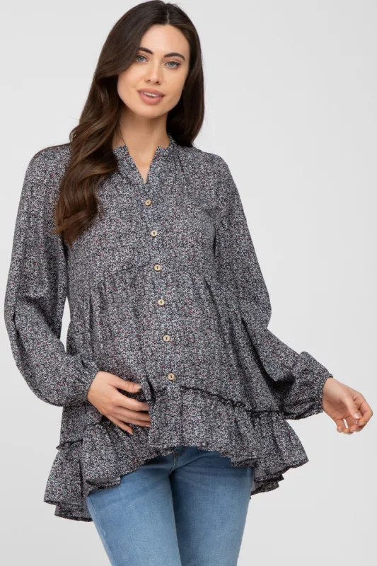 Black Floral Ruffle Long Sleeve Maternity Blouse sold by Pinkblush