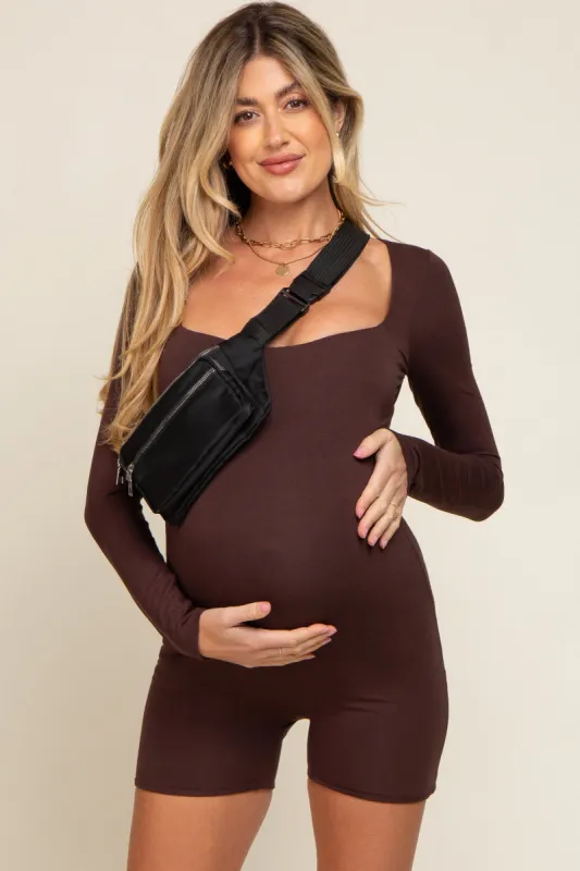 Brown Square Neck Long Sleeve Maternity Romper sold by Pinkblush