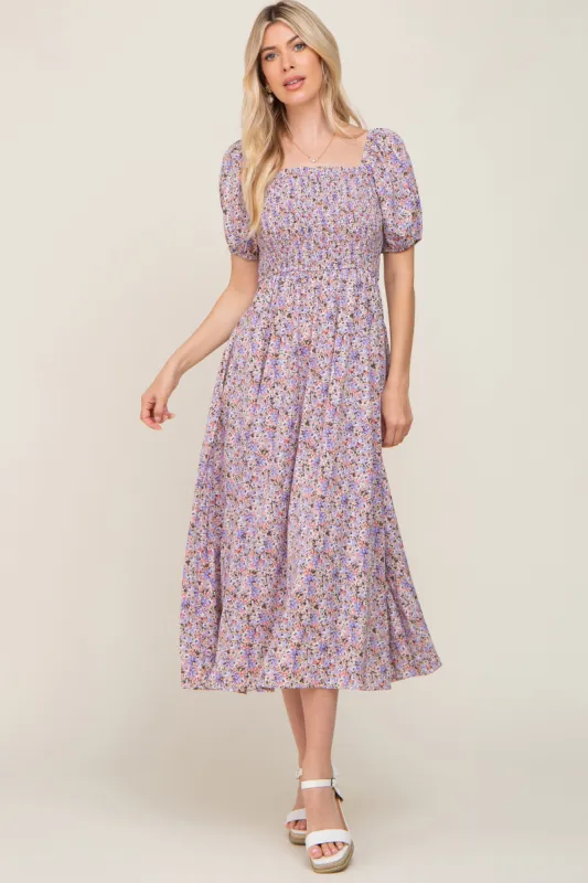 Purple Abstract Floral Smocked Midi Dress sold by Pinkblush