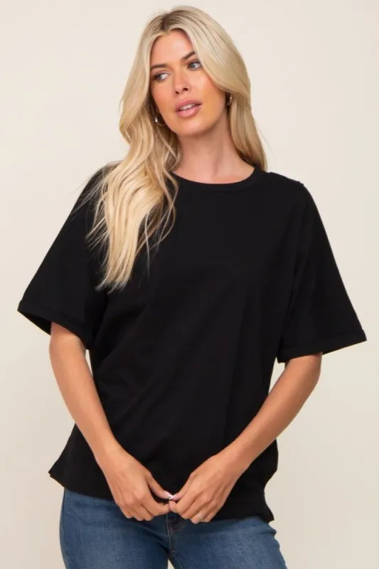 Black Oversized Rolled Short Sleeve Top sold by Pinkblush