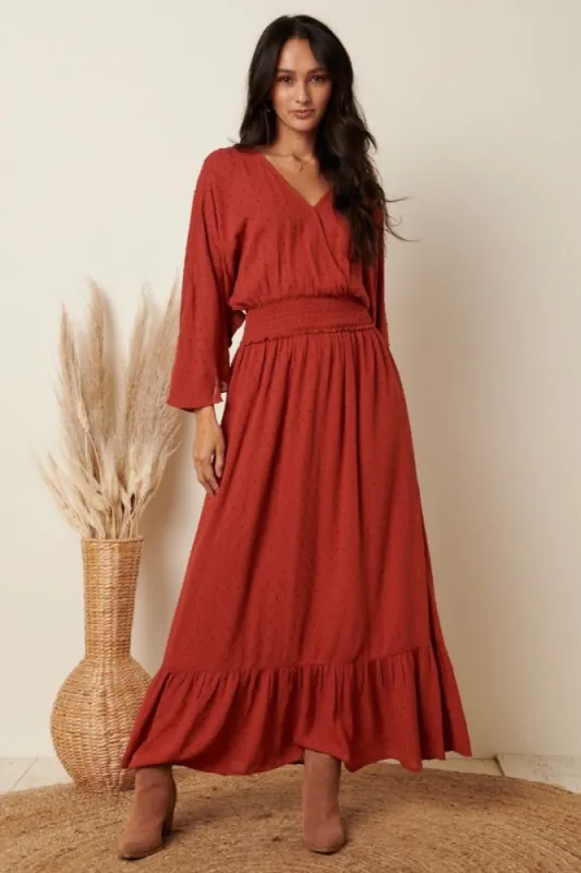 Rust Swiss Dot Full Bell Sleeve Maxi Dress sold by Pinkblush