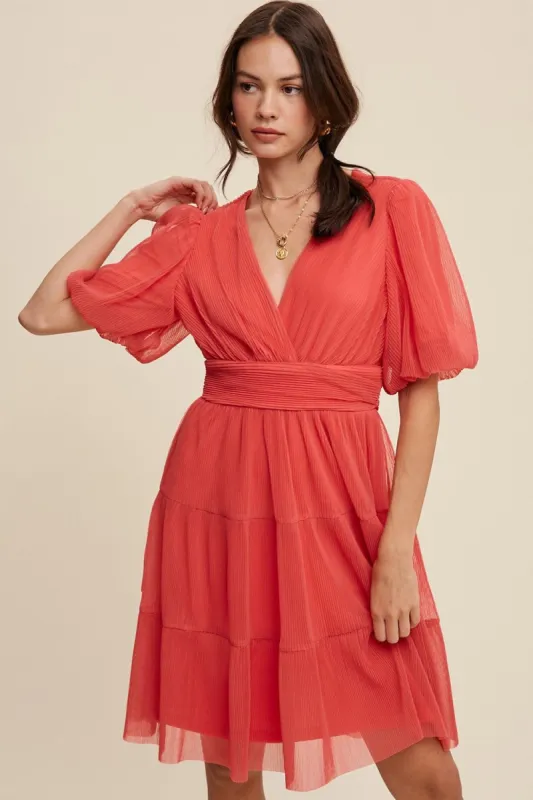 Coral V-Neck Pleated Mesh Cinched Waist Midi Dress sold by Pinkblush