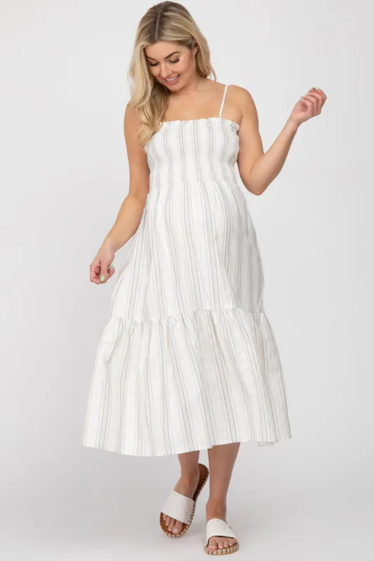 Taupe Striped Smocked Square Neck Maternity Midi Dress sold by Pinkblush