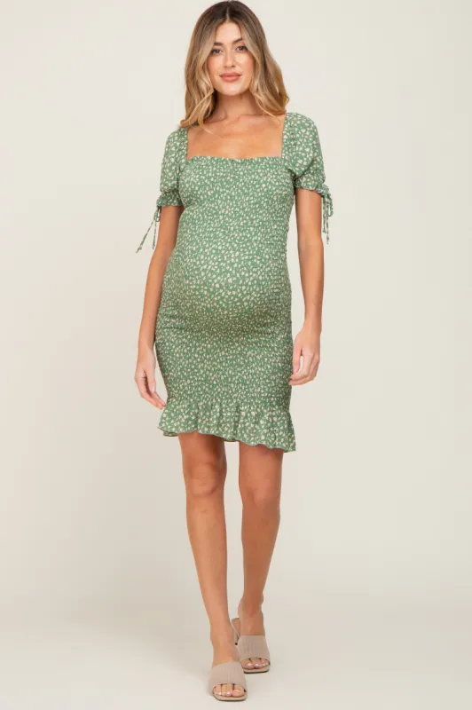 Light Olive Floral Smocked Fitted Maternity Mini Dress sold by Pinkblush