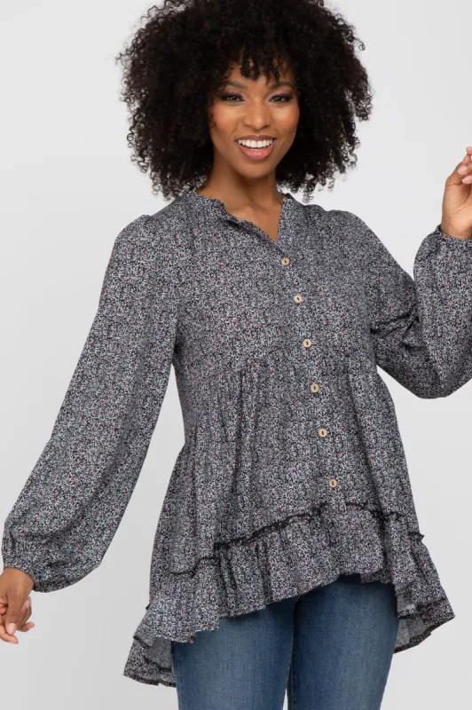 Black Floral Ruffle Long Sleeve Blouse sold by Pinkblush