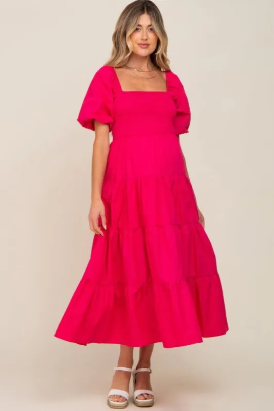 Fuchsia Square Neck Smocked Puff Short Sleeve Tiered Maternity Midi Dress sold by Pinkblush