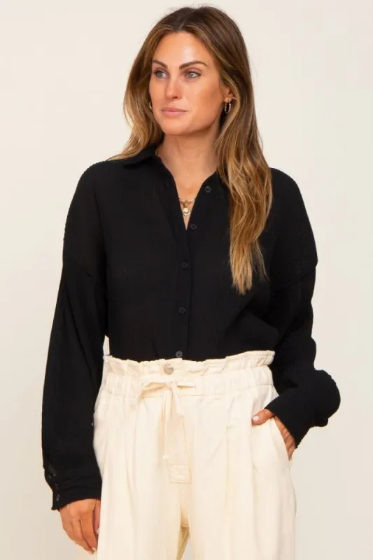 Black Plisse Chiffon Blouse sold by Pinkblush