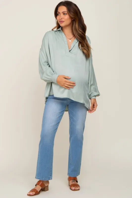 Mint Green Silk Collared V-Neck Long Sleeve Maternity Blouse sold by Pinkblush