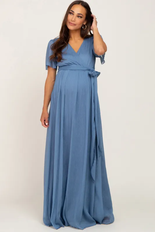 Blue Metallic Shimmer Chiffon Maternity Maxi Dress sold by Pinkblush