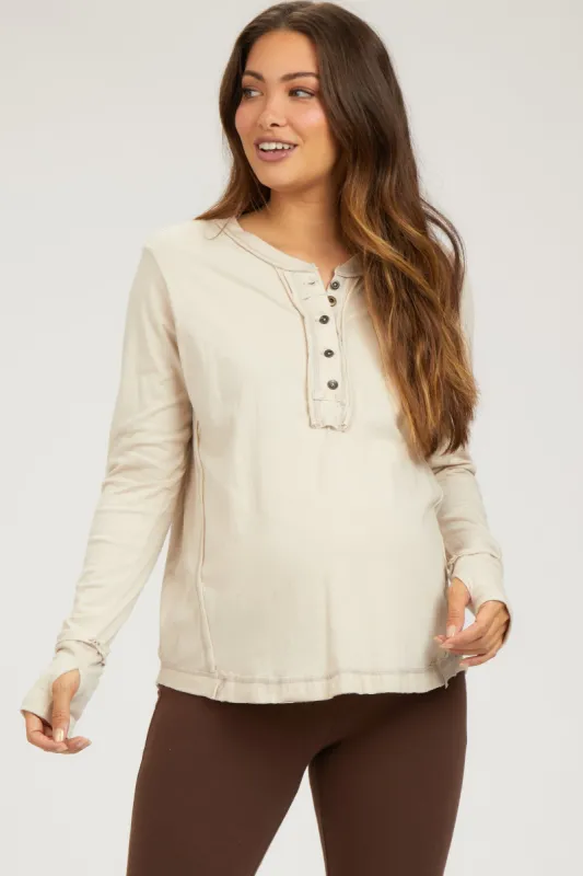 Beige Long Sleeve Exposed Seam Maternity Top sold by Pinkblush