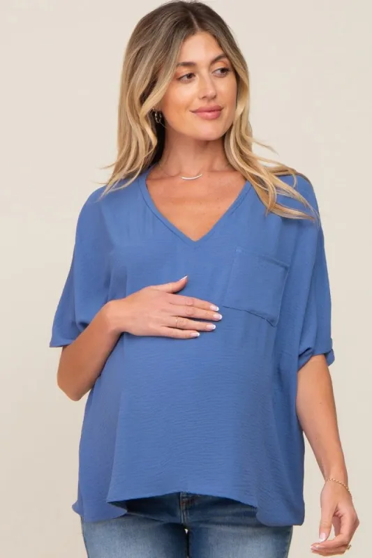 Blue Oversized V-Neck Pocket Front Maternity Blouse sold by Pinkblush