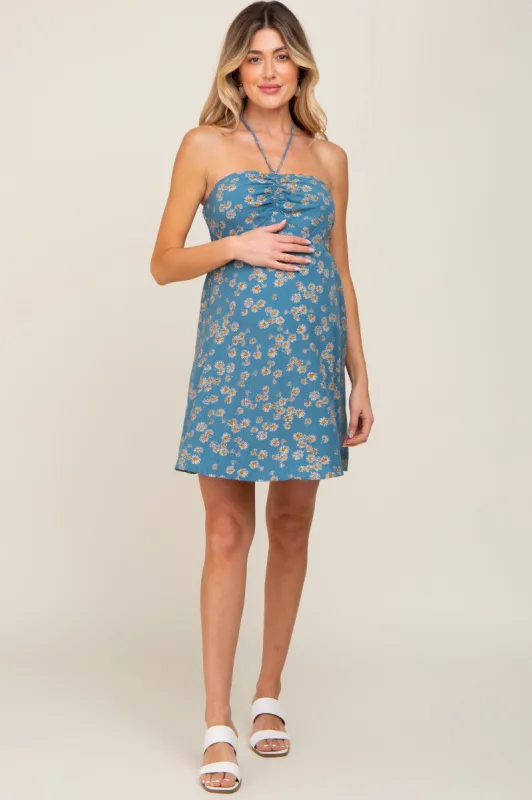 Blue Floral Halter Front Cinch Maternity Dress sold by Pinkblush