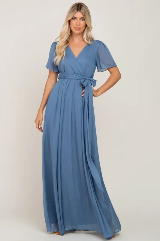 Blue Metallic Shimmer Chiffon Maxi Dress sold by Pinkblush