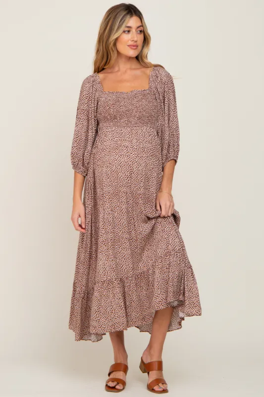 Rust Ditsy Floral Smocked 3/4 Sleeve Maternity Midi Dress sold by Pinkblush