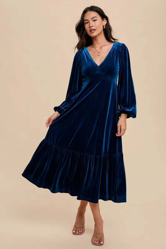 Dark Teal V-Neck Ruffle Hem Velvet Midi Dress sold by Pinkblush