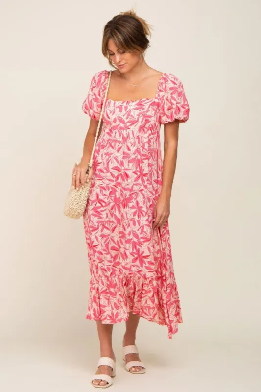 Fuchsia Floral Puff Sleeve Midi Dress sold by Pinkblush