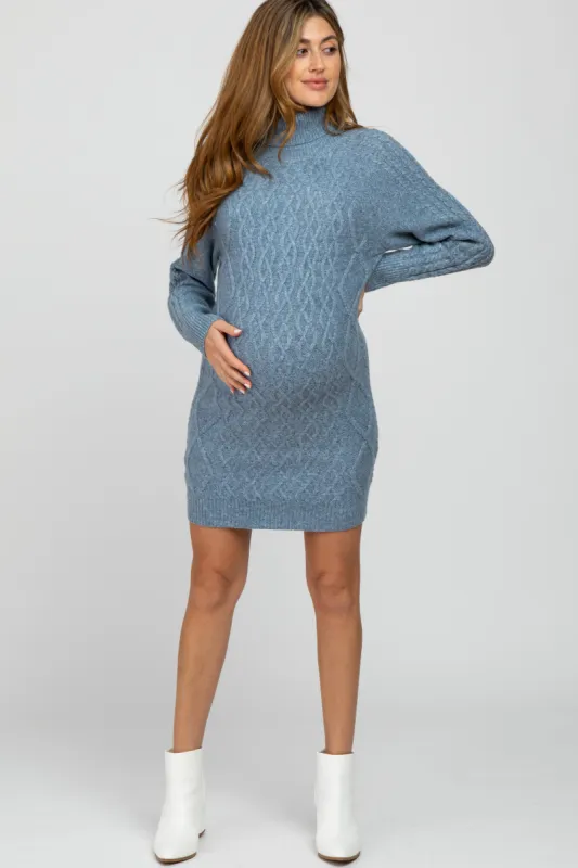 Blue Cable Knit Turtleneck Maternity Sweater Dress sold by Pinkblush
