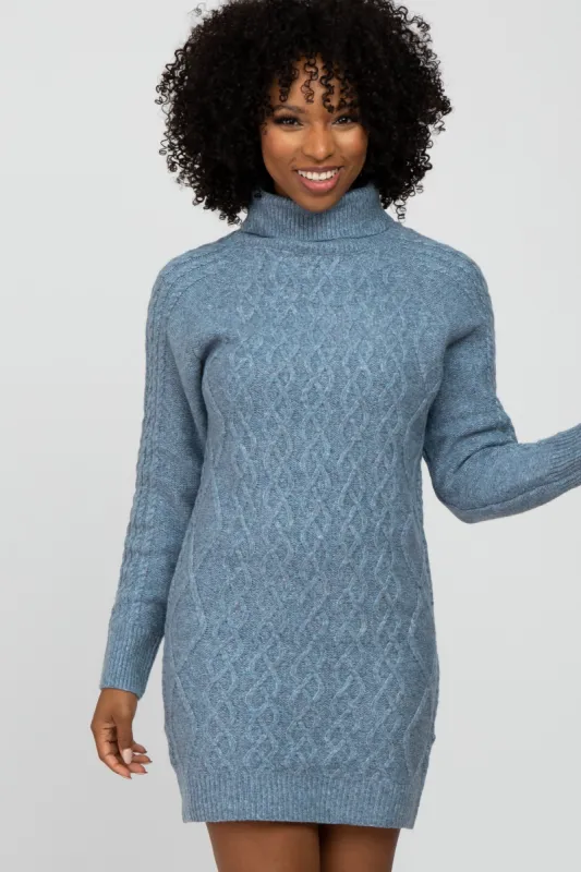 Blue Cable Knit Turtleneck Sweater Dress sold by Pinkblush