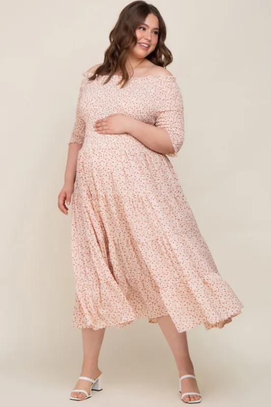 Ivory Ditsy Smocked Tiered Off Shoulder Maternity Plus Midi Dress sold by Pinkblush