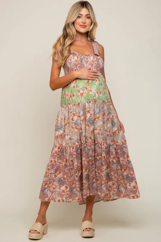Mauve Multicolor Floral Tiered Maternity Midi Dress sold by Pinkblush