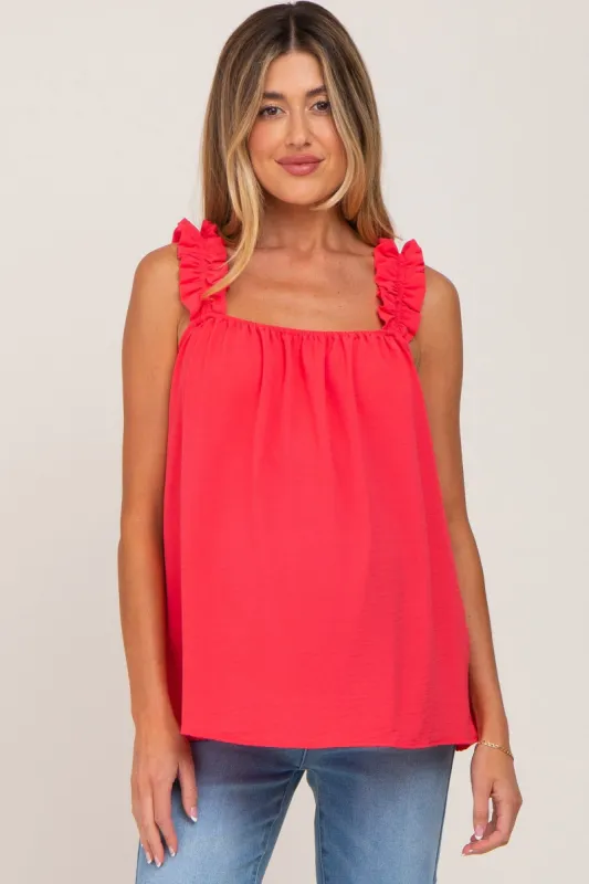 Coral Square Neck Ruffle Strap Maternity Top sold by Pinkblush