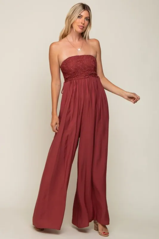 Burgundy Lace Strapless Wide Leg Jumpsuit sold by Pinkblush