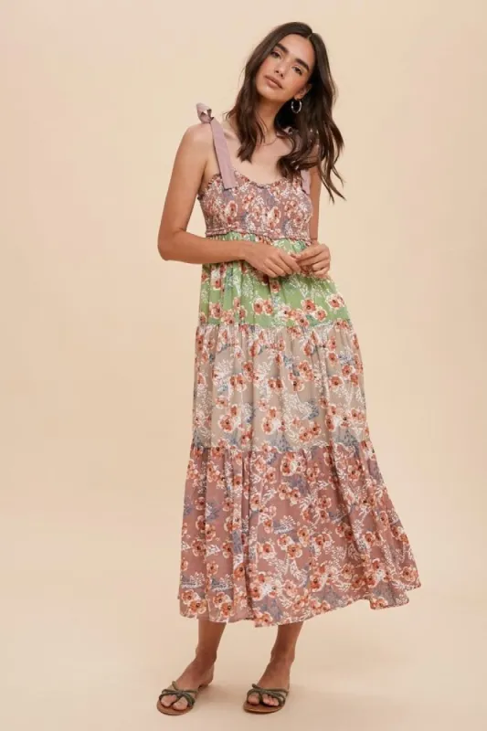 Mauve Multicolor Floral Tiered Midi Dress sold by Pinkblush
