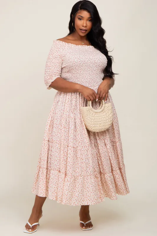 Ivory Ditsy Smocked Tiered Off Shoulder Plus Midi Dress sold by Pinkblush