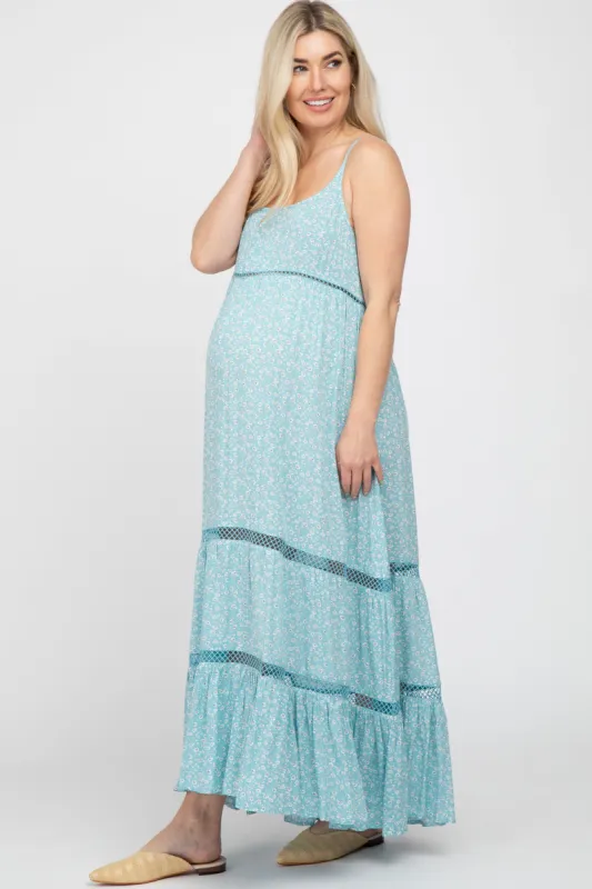 Light Blue Ditsy Floral Crochet Accent Maternity Maxi Dress sold by Pinkblush