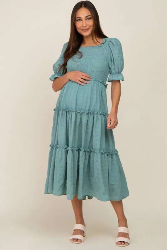 Teal Smocked Puff Sleeve Tiered Maternity Midi Dress sold by Pinkblush