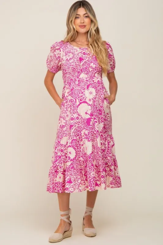 Magenta Floral Tiered Maternity Midi Dress sold by Pinkblush