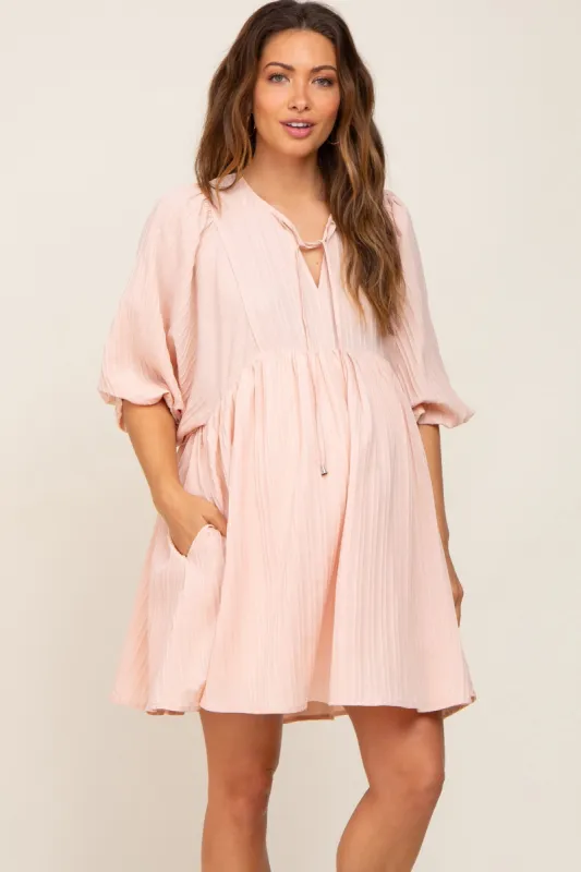 Light Pink Textured Stripe Babydoll Maternity Dress sold by Pinkblush