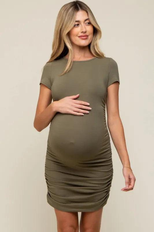 Olive Ruched Fitted Short Sleeve Maternity Dress sold by Pinkblush