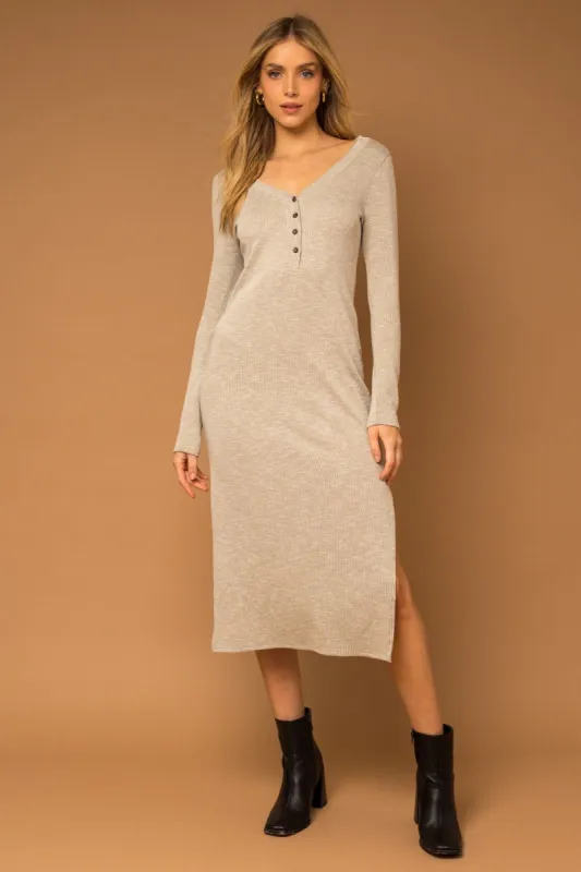 Grey Rib Knit Front Button Midi Dress sold by Pinkblush