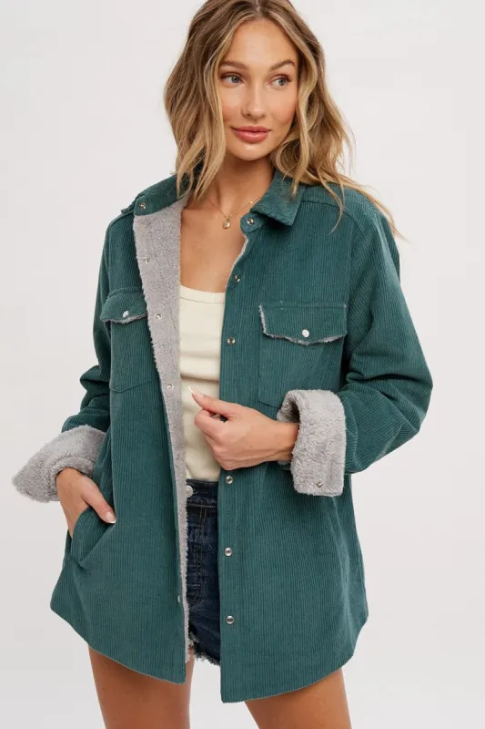 Forest Green Corduroy Sherpa Lined Shacket sold by Pinkblush