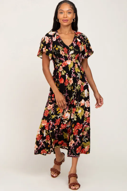 Black Floral Smocked V-Neck Midi Dress sold by Pinkblush