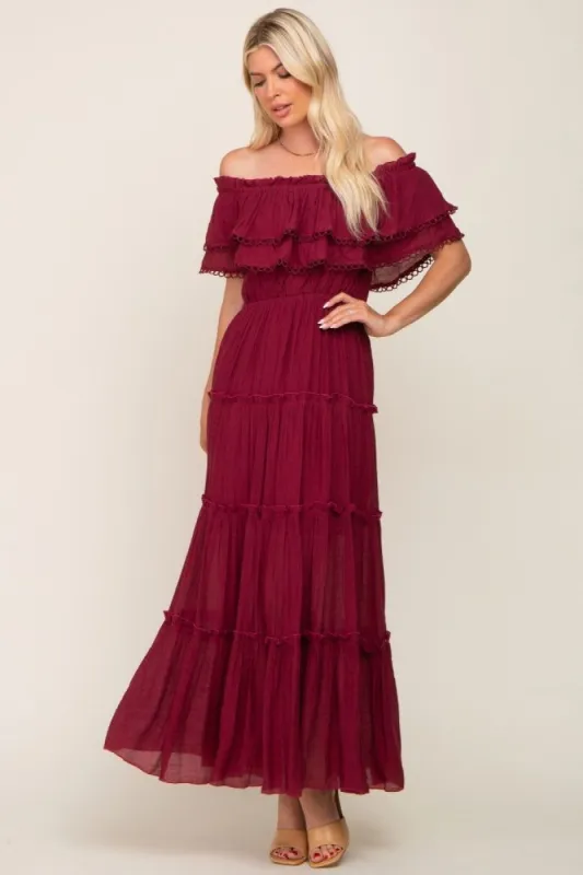 Burgundy Off Shoulder Eyelet Tiered Maxi Dress sold by Pinkblush