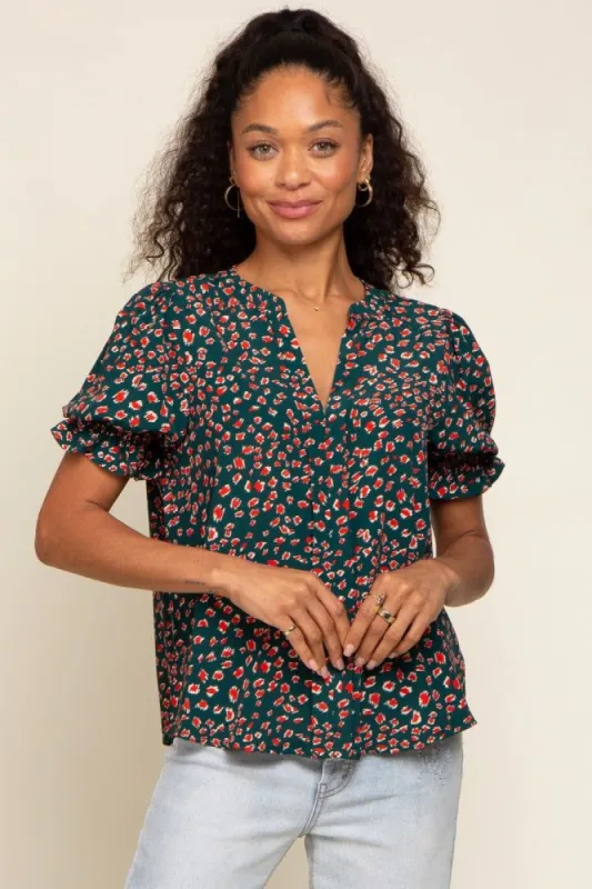 Forest Green Printed Puff Sleeve Blouse sold by Pinkblush