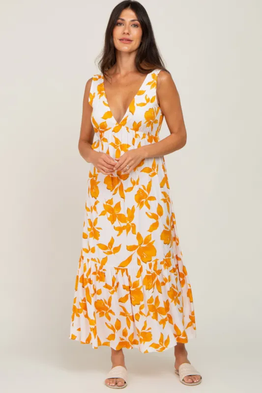 Orange Leaf Print Sleeveless Maxi Dress sold by Pinkblush