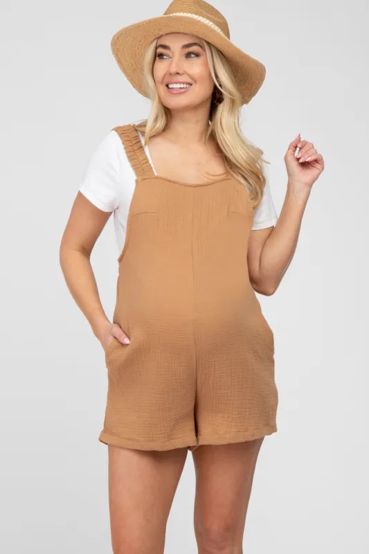 Camel Square Neck Elastic Strap Maternity Romper sold by Pinkblush