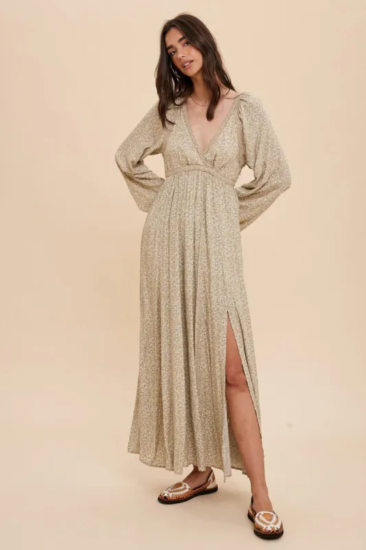 Beige Floral Lace Accent Side Slit Maxi Dress sold by Pinkblush