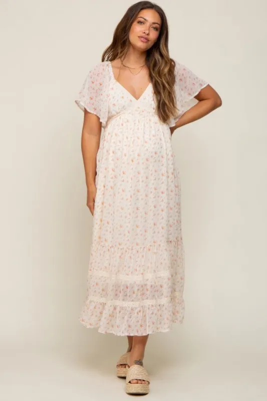 Cream Floral Crochet Trim Maternity Midi Dress sold by Pinkblush