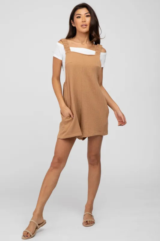 Camel Square Neck Elastic Strap Romper sold by Pinkblush