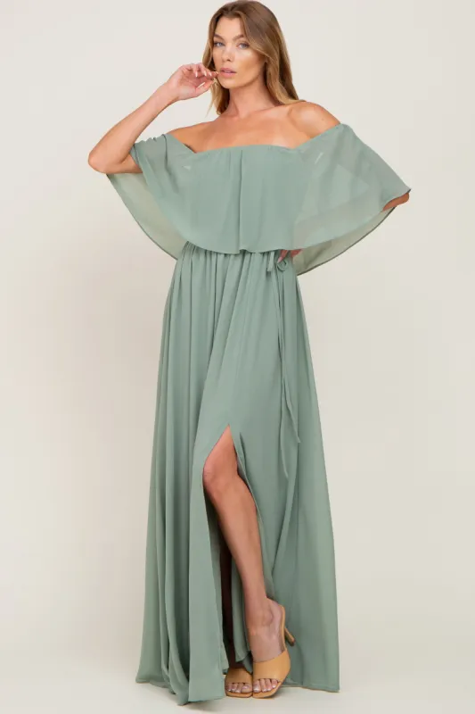 Light Olive Chiffon Off Shoulder Maxi Dress sold by Pinkblush