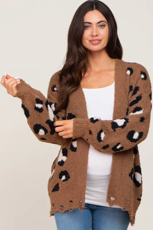 Mocha Leopard Print Knit Distressed Maternity Sweater made by Pinkblush