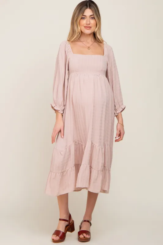 Beige Striped 3/4 Cinched Sleeve Tiered Maternity Midi Dress sold by Pinkblush